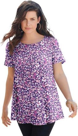 Roaman's Plus Size Ultimate Cotton Crewneck Short Sleeve Swing Tee in Violet Abstract Flowers at Nordstrom, Size Medium