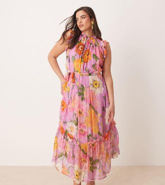 Hope & Ivy Vestito midi accollato allacciato in vita rosa con stampa e volant