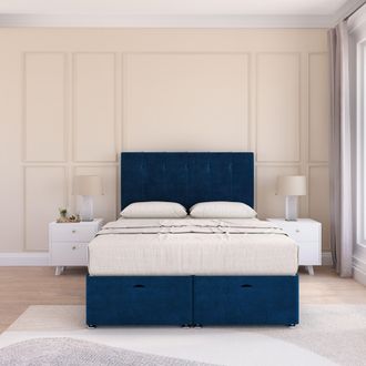 Sloomy Highbury Plush Fabric Ottoman Bed End Opening With Sprung Memory Mattress & 26 Inch strut Headboard in Navy | Size: Small Single