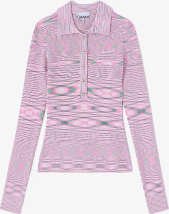 Ganni Polo Shirt in Spacedyed Knit - Size XXS Pink
