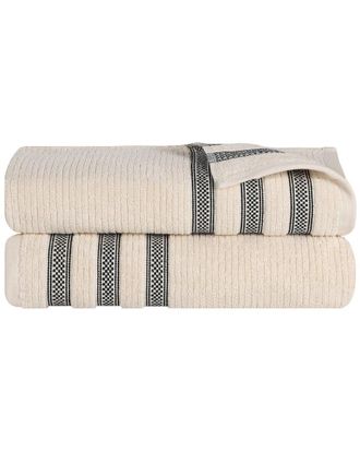 Superior Set Of 2 Brea Zero Twist Cotton Ribbed Geometric Border Plush Bath Sheets