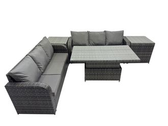 Fimous Rattan Garden Furniture Dining Set 6-seater with 2 Side Table in Dark Grey