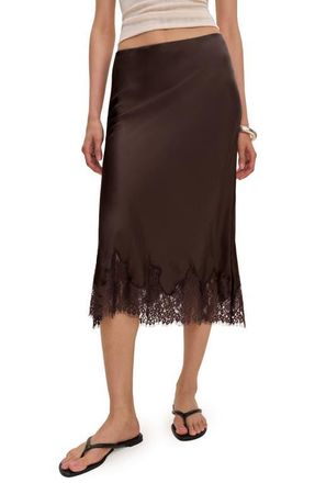 Reformation Carolina Lace Trim Silk Midi Skirt in Black Bean at Nordstrom, Size X-Small