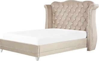 Beliani Cama Con Somier De Terciopelo Beige 160 X 200 Cm Listones Cabecero Capiton&eacute; Ayette