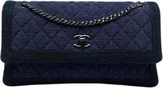 Chanel Pre-owned Vintage Tweed Flap Shoulder Bag - Dames - Vintage Schoudertas - Blauw - ONE Size - Tweed - Vintage