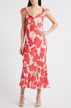 Rails Marigold Floral Flutter Sleeve Midi Dress in Scarlet Hibiscus at Nordstrom Rack, Size X-Large
