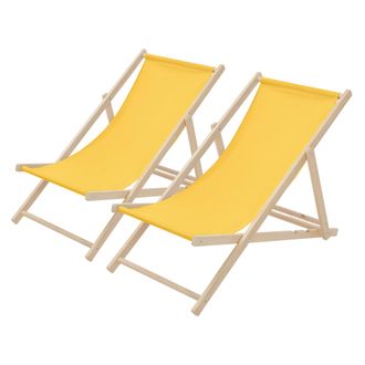 ECD Germany 2x Silla De Playa Madera De Pino 3 Posiciones De Reclinaci&oacute;n Plegable Tumbona Tradicional Para Jard&iacute;n O Balc&oacute;n Amarilla Impermeable Hasta 120kg Tejido