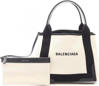 Balenciaga Black Ivory Canvas Leather Handbag Tote Bag (Pre-Owned)