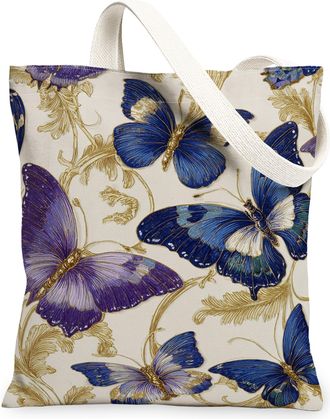 Generic Butterfly Floral Canvas Tote Bags, Insect Pattern Reusable Grocery Bags, Spring Vintage Lightweight Washable Shoulder Strap, Blue, 13x15 Inch