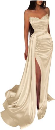 Generic Off The Shoulder Sequin Prom Dresses Long Satin Beaded Mermaid Evening Gown for Women Formal Party Dress with Slit Light Champagne S