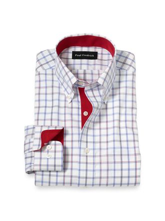 Paul Fredrick Slim Fit Non-iron Cotton Check Dress Shirt With Contrast Trim