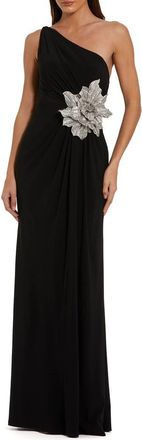 Mac Duggal Jersey One Shoulder Gown With Rhinestone Flower in Black at Nordstrom, Size 12