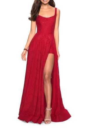 La Femme Long Lace Prom Dress with Attached Shorts in Red at Nordstrom, Size 0