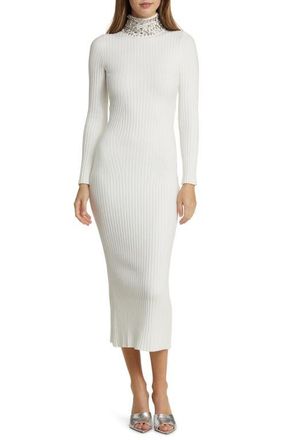 Bebe Crystal Neck Long Sleeve Rib Midi Dress in White at Nordstrom, Size Small