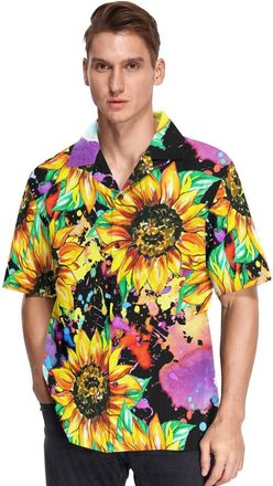Alaza Hawaiian Shirts for Men Adult, Watercolor Sunflower Mens Shirts Shortsleeve Summer Hawaiian Casual Shirts Beach Shirt, L