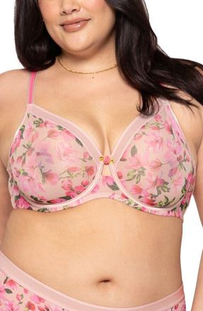 Curvy Couture Sheer Mesh Underwire Unlined Bra in In Full Bloom Pink at Nordstrom, Size 36Ddd
