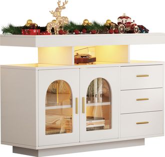 STILVORA Aparador De Cocina Con 3 Cajones, 2 Puertas, 4 Huecos Y Led, Acabado Brillante, Para Cocina En Tablero De Part&iacute;culas 120&times;40&times;80 Cm Blanco