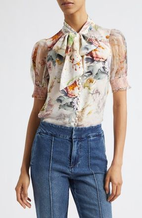 Alice & Olivia Brentley Floral Tie Neck Button-Up Top in Sweet Peony at Nordstrom, Size X-Small