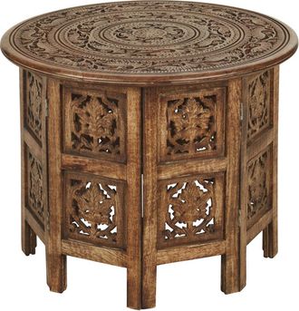 Maisons du monde Mesa auxiliar de madera de mango tallada marr&oacute;n