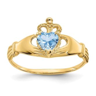 Diamond2Deal 14k Yellow Gold Sky Blue Cubic Zirconia Claddagh Heart Ring