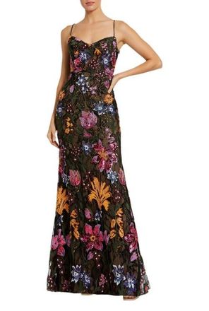 Mac Duggal Spaghetti Strap Floral Embroidered Gown in Black Multi at Nordstrom, Size 12