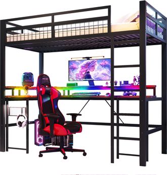 STILVORA Cama Alta 90 X 200 Cm Con Escritorio, Led Ajustable, Usb, Tipo-c Y 2 Enchufes, Sin Colch&oacute;n, De Metal, Negro