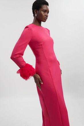 Karen Millen Womens Scuba Drama Tulle Detail Cuff Woven Midi Dress - Fuchsia Polyamide - Size 14 UK