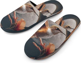 Generic Hummingbird with Moon Flower Mens Cozy Memory Foam Slippers Warm Cotton House Shoes Comfy Slipper for Indoor Outdoor