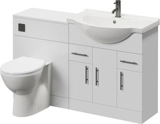 Alexander James Alexander James Cento Gloss White 1350mm 3 Door Vanity Unit Toilet Suite - 1350mm - Gunmetal Grey 96mm Bar HandleJames Toilet Pan and Seat