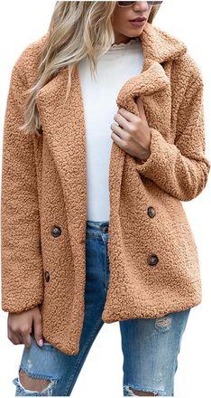 Generic Ladies Cozy Winter Warm Cardigans with Buttons Casual Chunky Fleece Jacket Cardigan Hoodies Oversized Ladies Teddy Lapel Plush Faux Fur Coats Camel S