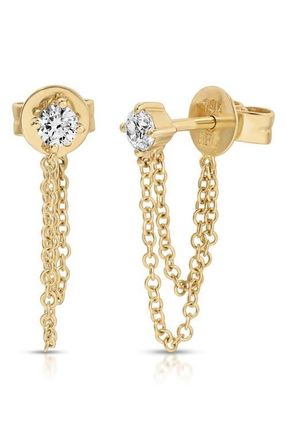 EF Collection Diamond Solitaire Looped Chain Drop Earrings in 14K Yellow Gold at Nordstrom