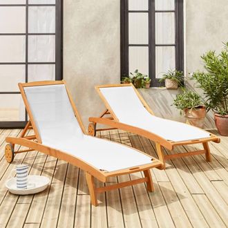 Sweeek Pair Of Wooden & Textilene Sun Loungers in White