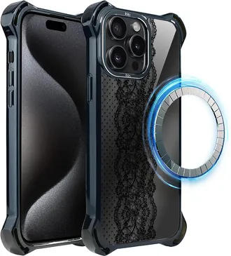 OEM Funda Ibizu Dropguard Ultra Para Iphone 15 Pro Max Con Magsafe, Color Azul Medianoche, Con Dise&ntilde;o De Encaje Ornamental