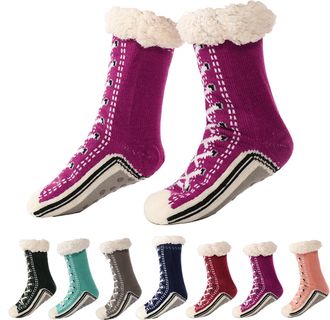 Generic Ultra-thick Cute Slipper Home Socks for Women Non Slip Grippy Warm Cozy Fluffy Home Socks with Silicone Grips Winter Thermal Fuzzy Bed Socks UK One Si