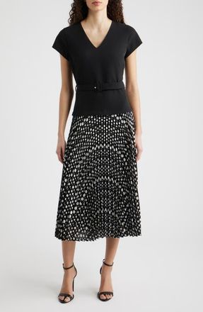 Elie Tahari The Nina Belted Pleated Dress in Noir/Noir And White Polka Dot at Nordstrom, Size 16