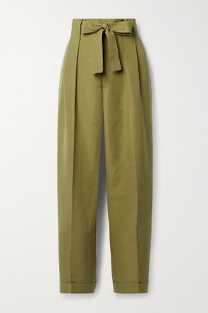 Lafayette 148 New York Pantaloni A Gamba Affusolata In Misto Lino E Seta Con Cintura Waverly - Verde