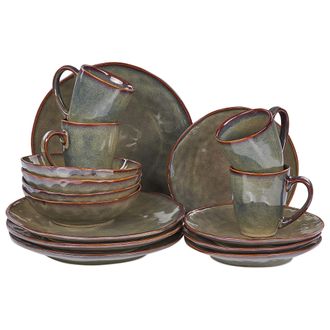 Beliani Beliani - Conjunto De 16 Piezas De Gres Verde Oscuro Marr&oacute;n 4 Personas Esmalte Reactivo Thyme