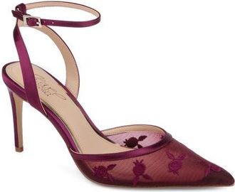 Badgley Mischka Zaida Ankle Strap Pointed Toe Pump in Wine Satin at Nordstrom, Size 9.5