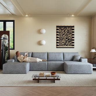 STILVORA Divano Modulare 5 Posti In Velluto A Coste Con Seduta Profonda E Chaise Longue, Senza Montaggio, Grigio