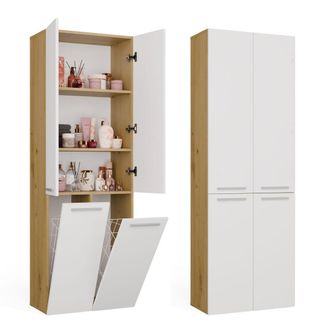 Topeshop Nel 2k Dd Mobile Bagno - 3 Mensole, 2 Cesto Portabiancheria - 60x174x30 Cm - Rovere Artisan Bianco