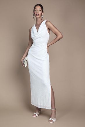 Oasis Womens Sequin Cowl Neck Maxi Wedding Dress - White Polyamide - Size 14 UK