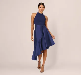 Adrianna Papell Crepe Combo Taffeta Dress In Light Navy