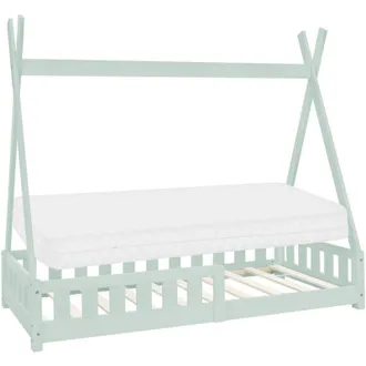 ML Design Ml-design - Cama Infantil Tipi Verde Menta Con Colch&oacute;n De Espuma Fr&iacute;a 80x160 Cm Protecci&oacute;n Antica&iacute;da Somier Estructura Listones De Madera Maciza De Pi