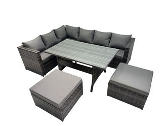 Fimous Outdoor PE Rattan Sofa Set with with 2 Big Stools in Dark Grey