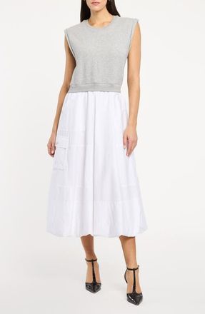 Cinq &agrave; Sept Parker Cap Sleeve Mixed Media Midi Dress in Heather Grey/White at Nordstrom, Size Medium