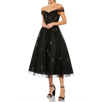 Mac Duggal Womens Off The Shoulder Embellished Tulle Cocktail Dress in Black at Nordstrom, Size 10