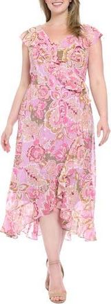 London Times Ruffle Faux Wrap Maxi Dress in Lavender/Pink at Nordstrom Rack, Size 14W