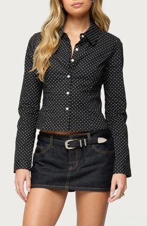Edikted Ilia Polka Dot Button-Up Shirt in Black-And-White at Nordstrom, Size X-Small