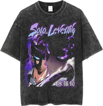 Generic Solo Leveling Anime T-Shirt, Vintage Washed Unisex Short Sleeve Tee, Sung Jinwoo Graphic Solo Leveling Merch for Men & Women (Black-11,XL)