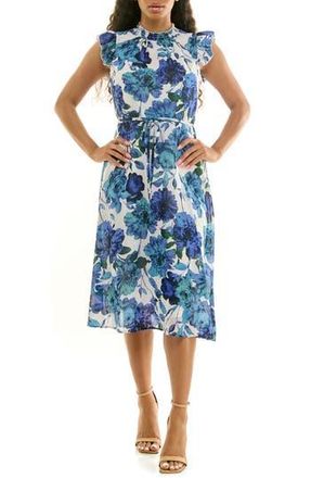 Nina Leonard Smock Chiffon Midi Dress in Blue Multi Combo at Nordstrom Rack, Size X-Large